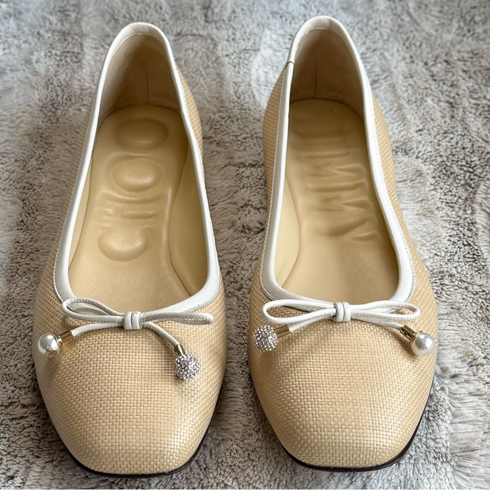 JIMMY CHOO Elme embellished leather-trimmed raffia ballet flats Size IT 39.5 - Picture 7 of 15